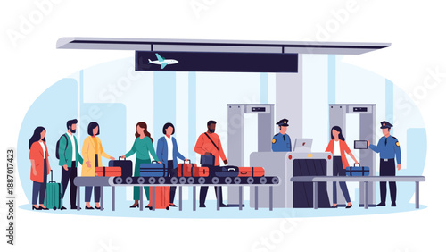 Diverse group of passengers standing in a queue at an airport security checkpoint with their suitcases and bags on a conveyor.