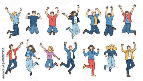 Large group of diverse young men and women jumping for joy in various energetic poses with arms raised in celebration.