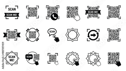 Selection of monochrome QR code designs featuring various scanners, call to action ribbons, and modern decorative framing elements.