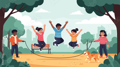 Group of diverse happy children playing jump rope together in a sunny city park with a playful dog running alongside them.