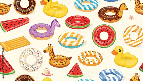 Fun seamless pattern of various inflatable pool floats shaped like donuts, ducks, giraffes, and fruit slices on a beige background.