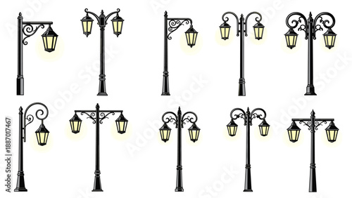 Set of classical wrought iron street lamp designs featuring various ornamental styles and glowing lanterns for urban lighting.