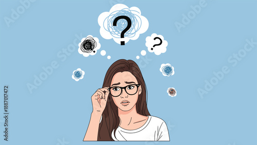 Young woman with glasses looking stressed and overwhelmed while surrounded by floating question marks and messy thought bubbles.