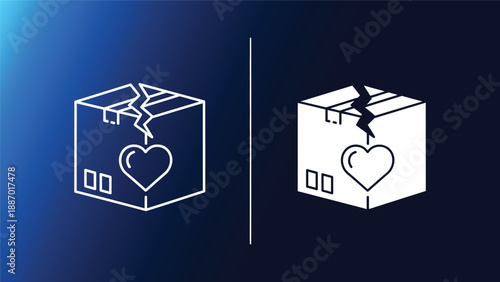 Broken heart packages with cracked boxes on dark backgrounds symbolizing damaged emotions in delivery and shipping