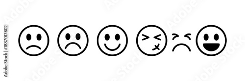 Set of six simple outline smiley face icons showing different emotions from sad to happy, perfect for rating or feedback concepts