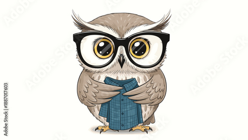 Adorable cartoon owl with large eyes wearing glasses and holding a folded blue checkered shirt against a white background.