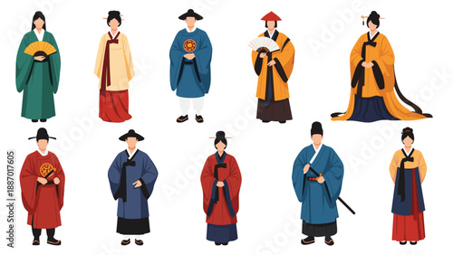 Array of male and female characters dressed in various styles and colors of traditional Korean Hanbok with cultural accessories.