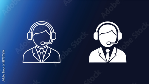 Customer service representatives with headsets on blue background illustration of two business people wearing headphones and microphones for support or call center concept