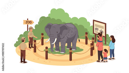 Young family with a child visiting a zoo exhibit and observing a large elephant while zookeepers stand nearby for guidance.