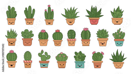 Collection of adorable kawaii style cacti and succulents in small pots, each featuring a unique happy smiling face expression.