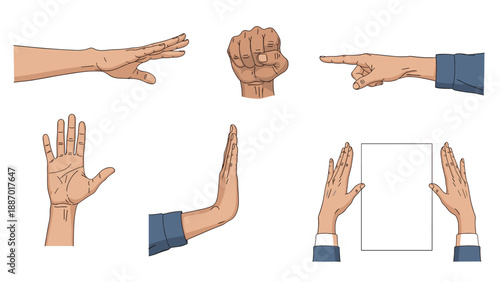 Series of realistic human hand illustrations performing various common gestures like pointing, stopping, and holding a sheet.