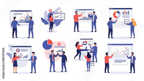 Set of business scenes showing professionals presenting and analyzing various data charts and graphs on large digital screens.