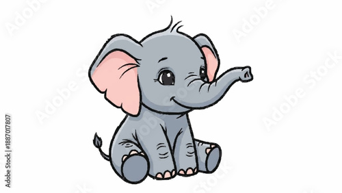Adorable cartoon baby elephant sitting happily, with large pink ears, big curious eyes, and its trunk raised in a cheerful gesture on a white background.