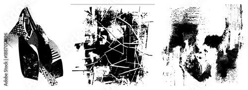 Abstract Black and White Graphic Art with Halftone Textures and Geometric Fragments