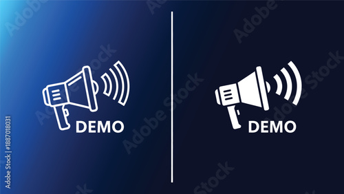 Vector illustration of two white megaphones with sound waves on blue and black background for demo or announcement concept