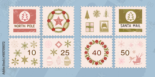 Festive christmas postage stamps with winter designs and holiday greetings