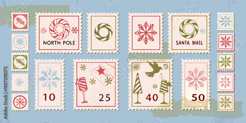 Festive christmas postage stamps with winter motifs and holiday designs