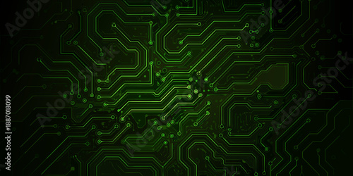 Abstract green circuit board pattern with glowing lines and technological details