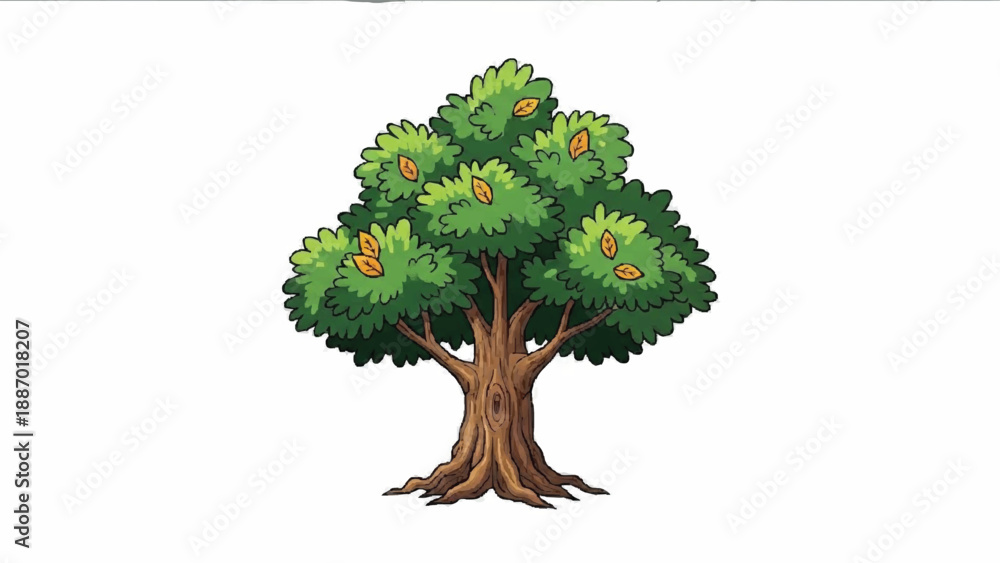 Obraz premium A classic cartoon illustration of a strong, mature deciduous tree with a thick, textured trunk, visible roots, and a lush canopy of green leaves.