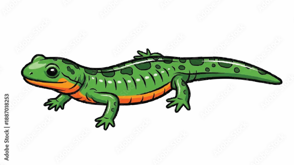Obraz premium A vibrant cartoon illustration of a green newt with black spots and a bright orange underbelly, shown in a full-body side view on a white background.