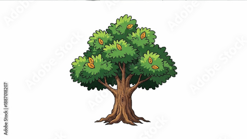 A classic cartoon illustration of a strong, mature deciduous tree with a thick, textured trunk, visible roots, and a lush canopy of green leaves.
