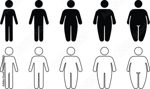 Body Weight Evolution Silhouette Icon Set – Underweight to Obese Human Figure Pictogram Vector Illustration
