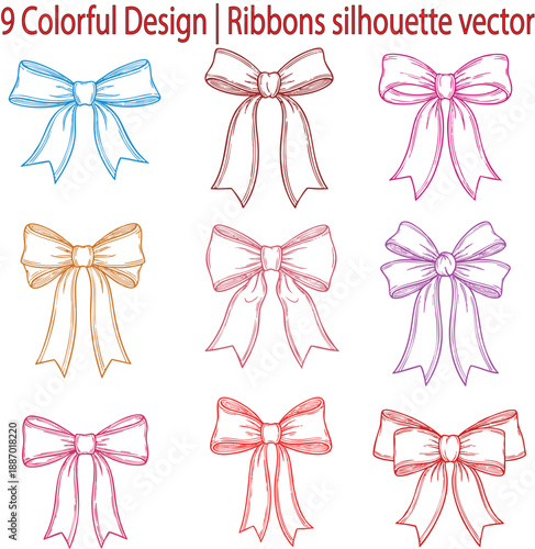 Colorful ribbon silhouettes vector set with 9 designs with vibrant colors