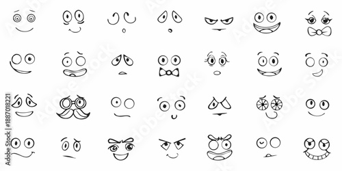 Collection of hand drawn simple black and white smiley faces showing various emotions