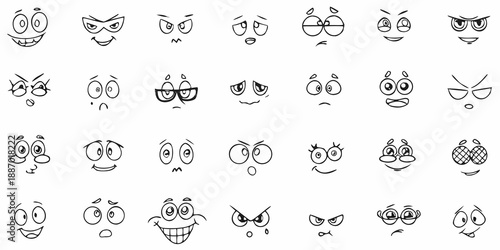 Collection of hand drawn cartoon eyes and mouths exhibiting various expressions