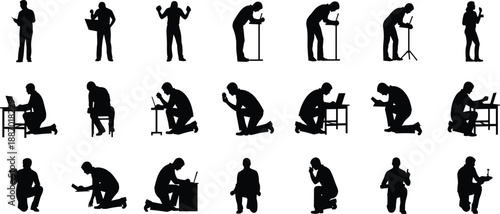Black silhouettes of professional men working at desks and kneeling with laptops for modern office business and technology startup concepts