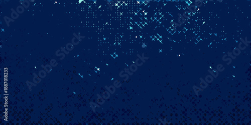 Abstract deep blue background with scattered bright pixelated light elements