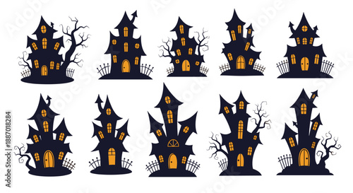 Set of black haunted house silhouettes with yellow glowing windows