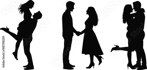 Black silhouettes of romantic couples embracing holding hands and lifting each other for love dating and relationship celebration concepts isolated