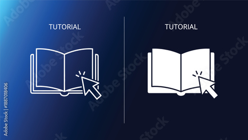 Vector illustration of two tutorial icons with open books and computer mouse pointers on blue and black backgrounds