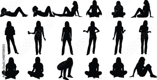 Collection of black female silhouettes in various casual poses including sitting on the floor reclining and standing for lifestyle and wellness concepts