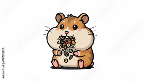 A funny cartoon illustration of a chubby hamster stuffing its cheeks with a large mouthful of seeds and nuts, sitting down to enjoy its meal.
