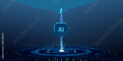 Futuristic launchpad with a rocket displaying ai ascending into the darkness
