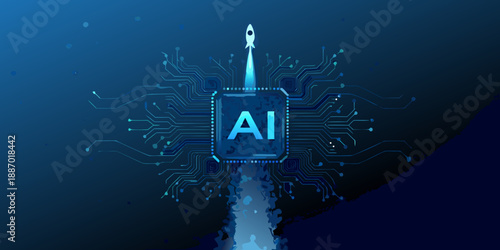 Artificial intelligence launch a rocket taking off from a circuit board