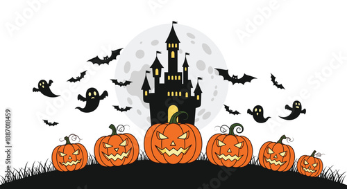 Halloween haunted castle with pumpkins ghosts and bats vector