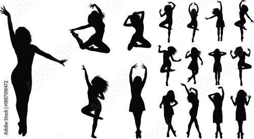 Collection of black female silhouettes in various dynamic dance poses jumping and expressive movements for performing arts and creative design projects