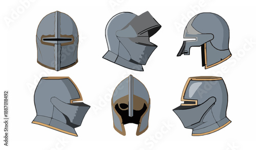 Medieval knight helm collection flat vector illustration isolated on white