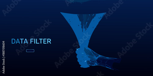 Data filter visualization a blue funnel processing information downwards
