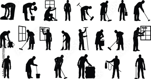 Collection of black silhouettes featuring professional janitors and cleaners sweeping mopping and washing windows for commercial cleaning service concepts isolated