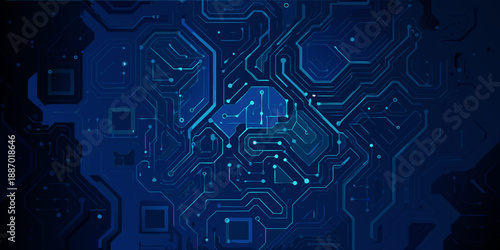 Abstract circuit board pattern with glowing blue lines and hexagonal shapes