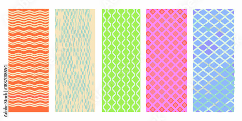 A vibrant collection of five rectangular swatches displaying unique patterned designs