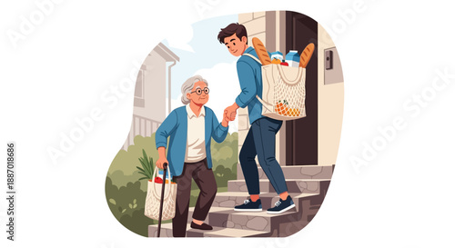 Elderly woman with cane and young man with bag walking up house steps in a warm cartoon illustration