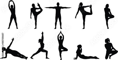 Collection of male and female black silhouettes performing various yoga poses and stretching exercises for fitness health and wellness marketing concepts