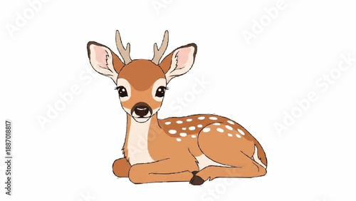 An adorable baby deer fawn with large innocent eyes and white spots on its back, lying down peacefully in a sweet cartoon style on a white background.