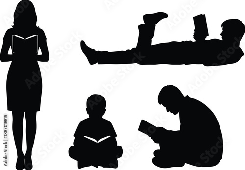 Collection of male and female silhouettes in various reading poses including standing lying down and sitting for education literacy and library concepts