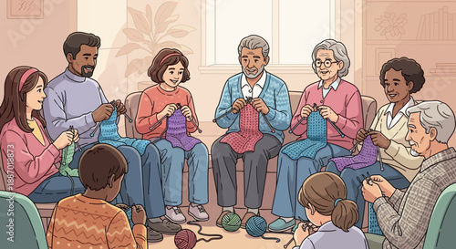 Cozy room knitting circle of people sharing yarn and crafts